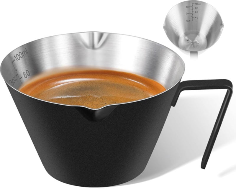 Stainless Steel Espresso cups, Espresso Accessories, Double Spout Metal Measuring Cup with Dual Scale, Espresso Shots cup with handle, Coffee Bean Weighing (Matte Black),3.4OZ/100ML